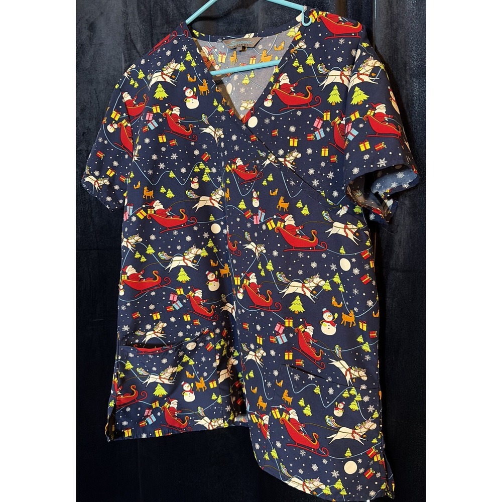 Serene Uniforms Womens Scrub Top Christmas Sz L V Neck